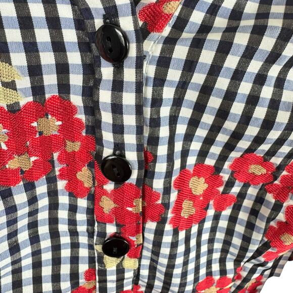 Adrianna Papell Gingham Floral Tie Button Up Short Sleeve Above Knee Dress Sz 8 - Picture 4 of 8
